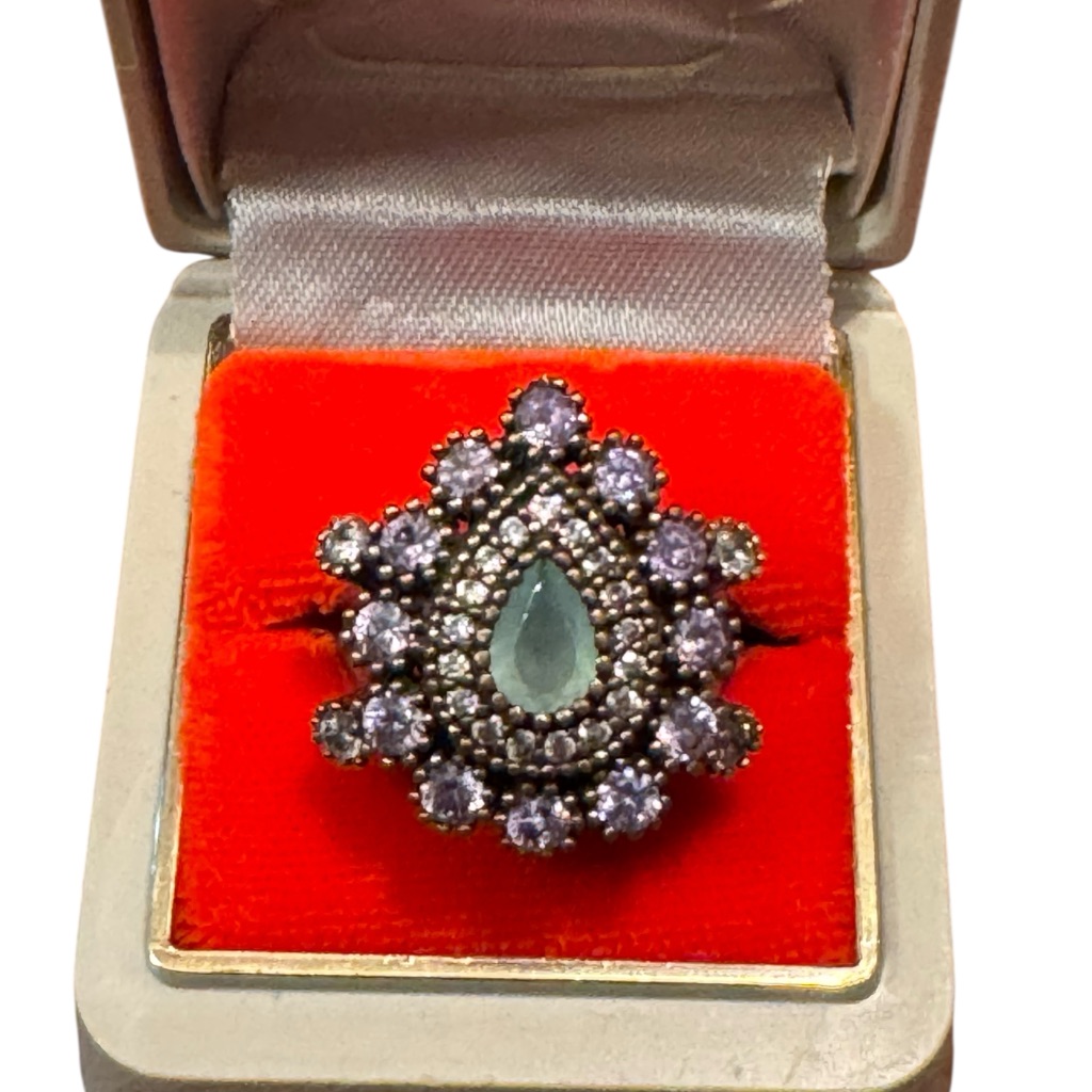Elegant Vintage Purple & Green Cz Sterling Silver 925 Teardrop Cluster Ring